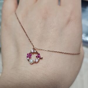 Delicate Rose Gold Pearl & Pink Crystal Wreath Necklace
